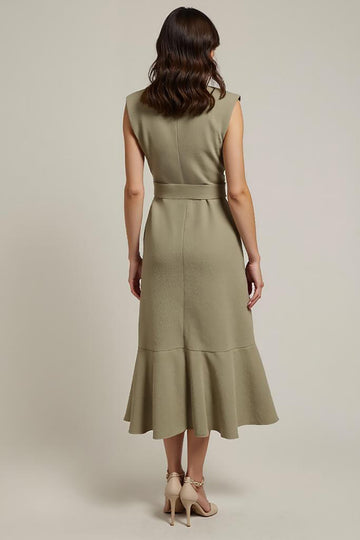 V-Neck Sheath Grey Green Work Dress with Sash